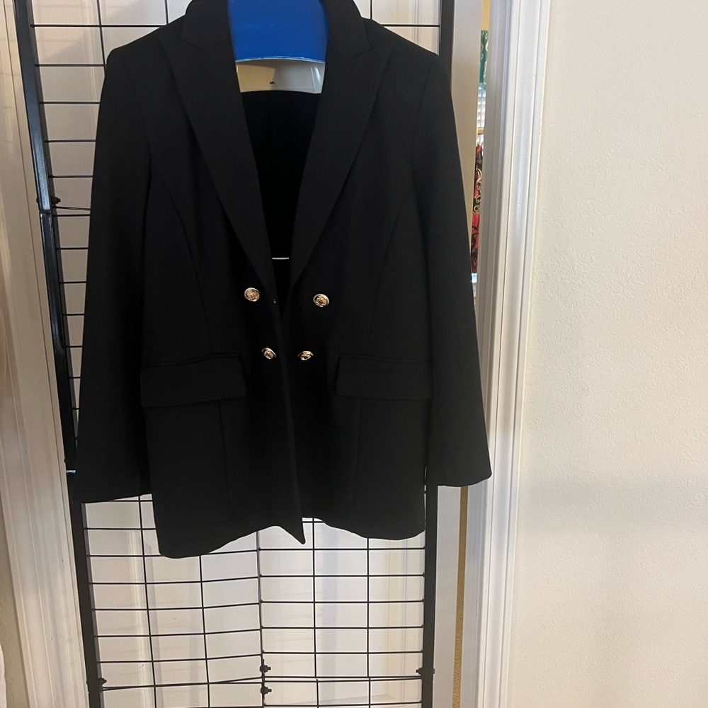 Chico's Black Double-Breasted Blazer with Gold Buttons
